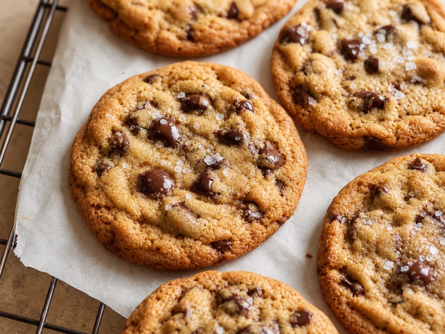 Brown butter chocolate chip cookies with melted chocolate and flaky salt